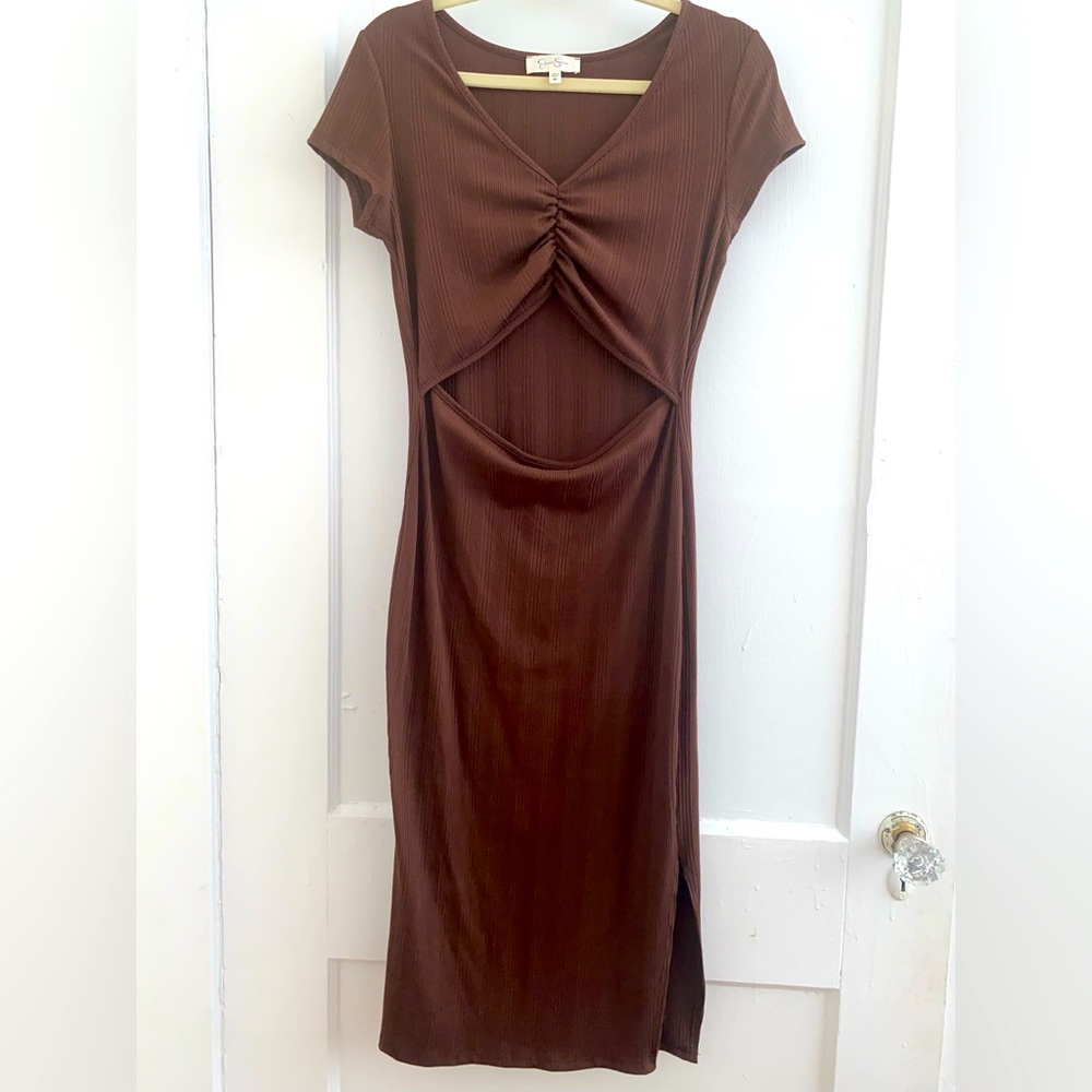 Jessica Simpson Brown Cutout Rib Knit Midi Dress